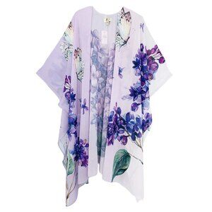 Lavender Kimono with Purple Flowers & Butterflies lightweight layering wrap New